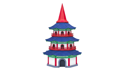 Multi-story Pagoda Building with Red, Blue, and Green Accents