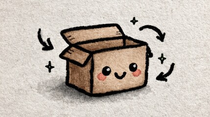 Adorable hand-drawn cardboard box with a happy face and arrows circling around it, conveying playful eco-friendly recycling, ideal for educational or sustainability-themed designs.