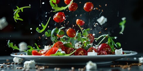 Levitation Salad Arugula Cherry Tomatoes Feta Cheese Flying Food Photo
