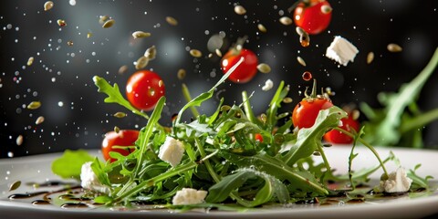 Levitation Salad Arugula Cherry Tomatoes Feta Cheese Flying Food Photo