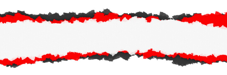 Layered torn paper fragments with vibrant red accent