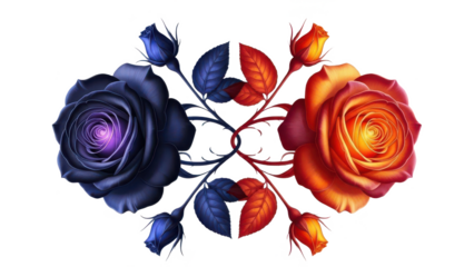 Two roses, one purple and one orange. isolated illustration on transparent background