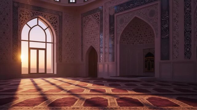 Sunlight streams through a large arched window, casting geometric shadows across a richly patterned carpet in an elaborately decorated hall with Islamic architectural details.