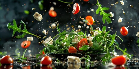 Levitation Salad Arugula Cherry Tomatoes Feta Cheese Flying Food Photo