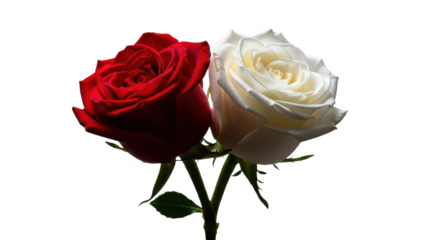 Two roses, one red and one white, are standing next to each other. isolated illustration on transparent background