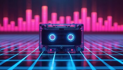 Retro cassette tape with glowing neon blue spools sits on reflective grid floor. Background features abstract neon pink sound equalizer bars. Vintage audio tech vibe with futuristic synthwave