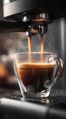 Vibrant photo of Espresso coffee pouring from a machine into a clear glass cup with steam and crema.