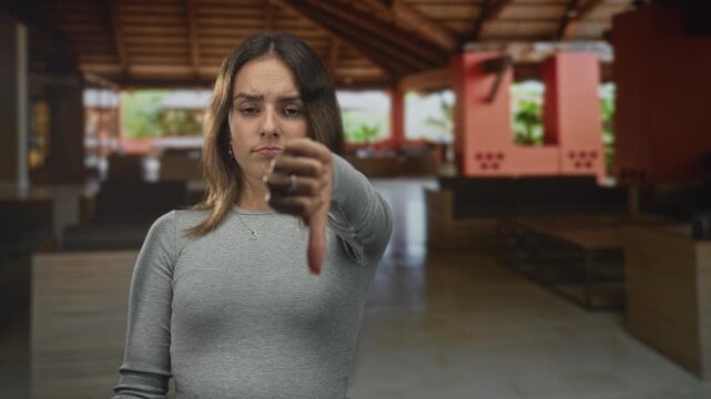 Woman with thumb down gesture in hotel building, wearing gray shirt and heart necklace, arm extended toward camera; disapproval.