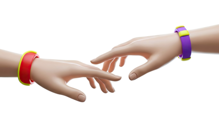 Two stylized hands with bracelets reaching towards each other