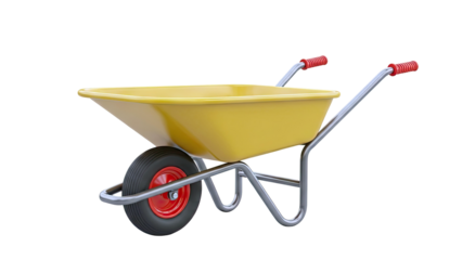 Yellow Wheelbarrow with Red Handles on White Background