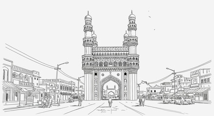Charminar monument in Hyderabad cityscape with traditional architecture.