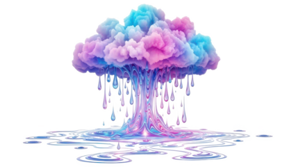 Tree with pink, blue and purple leaves is surrounded by water. isolated illustration on transparent background