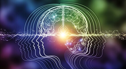 Glowing outline of layered human profiles illustrates interconnected thought processes against a colorful background