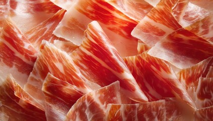 Vibrant photo of Close-up of thin slices of premium cured Spanish jamon ib&eacute;rico with marbled fat