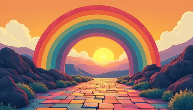 Bold rainbow arch opens to sunlit mountain valley with tiled path. Colorful retro landscape art with bright sky, clouds. Abstract natural panorama