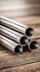 Vibrant photo of Industrial stack of circular steel metal pipes resting on a weathered wooden surface