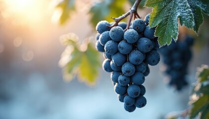 Dark blue grapes grow on a vine branch with green leaves. Frost covers the berries and foliage. Sunlight shines through the winter day creating a soft bokeh effect. Ripe fruit awaits harvest.
