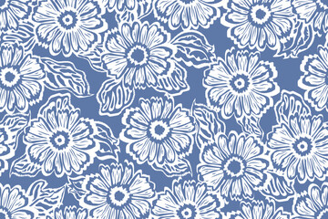 Seamless floral patterns in a botanical style, hand-painted using the Ikat technique, suitable for all types of textiles.	