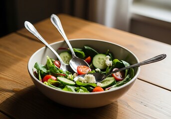 Fresh green salad with tomatoes and cheese rests in a bowl with serving spoons on a wooden surface.