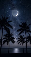 Silhouettes of tropical palm trees frame a brilliant crescent moon against a star-filled night sky above calm ocean waters.