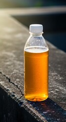 Clear plastic bottle containing an amber beverage sits atop a textured concrete ledge outdoors.