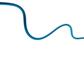 highly detailed, glossy electric cyan industrial cable in an elegant spiral loop against a transparent background, hard directional studio lighting and copy space. concept of rapid data flow and