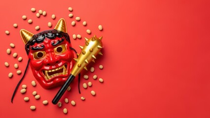 Setsubun festival advertising background with red oni demon mask and roasted soybeans on red backdrop