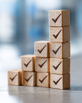 Wooden blocks arranged in a row with checkmark icons, representing approval, completion, verification, and successful outcomes in business processes.