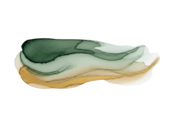horizontal abstract watercolor brush stroke, blending moss green and gold pigments with subtle texture on a white background with copy space, minimalist elegance for branding concept