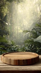 Vibrant photo of Wooden podium for product display in a lush tropical jungle with misty sunlight
