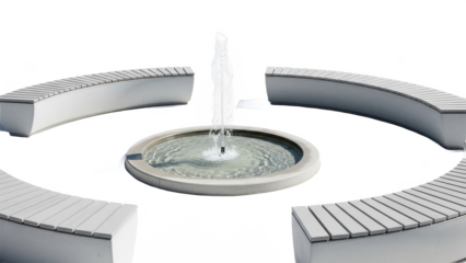 Fountain is surrounded by white benches. isolated illustration on transparent background