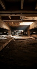 Wooden support beams form a dark, low-angle perspective within a building crawlspace structure