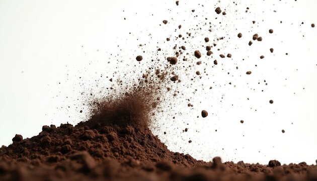 Brown soil particles explode upwards against a white background. Small clumps and dust fly in air. Ground texture visible on bottom. Dynamic movement captured.