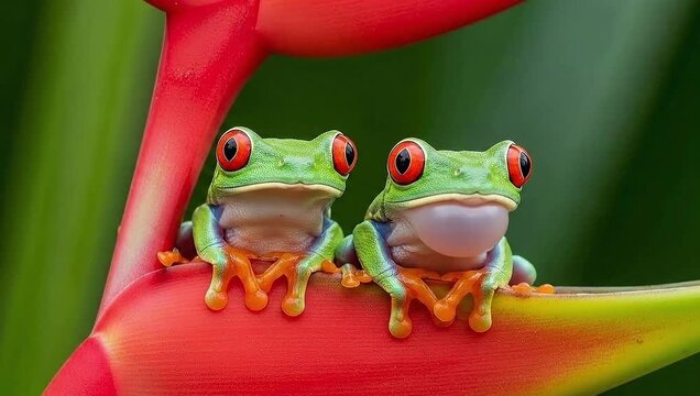 Two Vibrant Red-Eyed Tree Frogs Perched on a Bright Red Tropical Flower