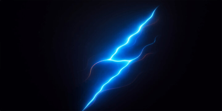 A powerful blue electric bolt of lightning flashes across the dark night sky during a dangerous nature storm, illuminating clouds with a bright strike of pure atmospheric energy