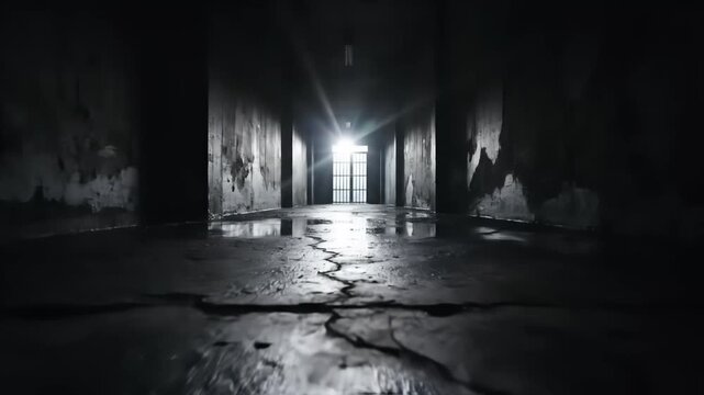Perspective view down a dark, grimy hallway with cracked, wet flooring and peeling walls, leading towards a bright light source at the distant exit, evoking a sense of mystery and suspense.