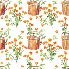 Watercolor seamless pattern with orange flower in teapot on white background. Botanical painting wildflower for Women day 8 march. Bouquet for celebration wedding. Summer wallpaper or wrapping