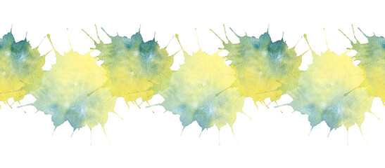 Watercolor seamless border with blue and green yellow spot on white background. Hand-drawn blob for sketchbook or artist card. Paint splashes for decor swatch. Abstract rim for wallpaper or wrapping