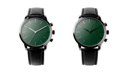 Black leather watch with dark green dial and silver case an isolated on a white background.