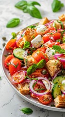 Traditional Italian Panzanella Salad Mozzarella Capers Croutons Marble Background Summer Vibe