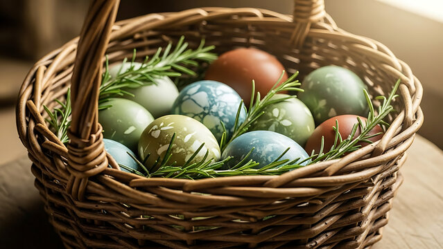 A charming close-up of a rustic wicker basket brimming with beautifully decorated easter eggs and fresh rosemary, bathed in soft, natural light, perfect for holiday celebrations.