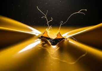 Microscopic organism appears to burst from a highly reflective golden surface against a dark background