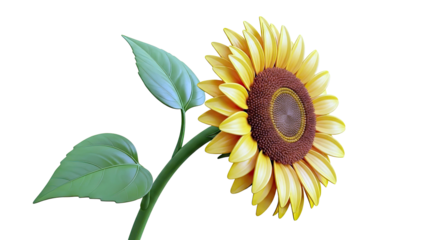Close-up of a bright yellow sunflower with green leaves