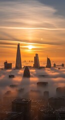 Illuminated skyscraper tops emerge above thick blanket of morning fog over metropolitan area