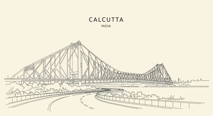 Detailed line drawing of the iconic Howrah Bridge in Calcutta, India, showcasing its distinctive steel structure.