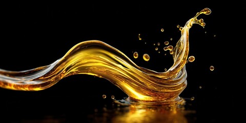 Vibrant photo of Golden oil splash on black background, dynamic liquid flow with droplets