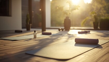 A serene yoga studio with mats and props at sunrise