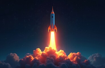 Fototapeta premium Retro style rocket blasts off through clouds into starry night sky. Bright orange fire fuels its ascent towards space. Bold journey into the unknown future begins.