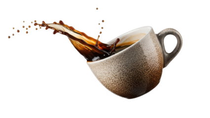 Cup of coffee with a splash of brown liquid on the side. isolated illustration on transparent background