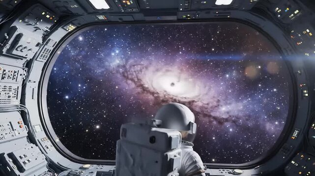 A close-up profile view of a female astronaut in a detailed white spacesuit with helmet visor reflecting the stunning cosmic vista outside the spacecraft.